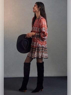 Boho Red Patterned Long-Sleeve Mini Dress